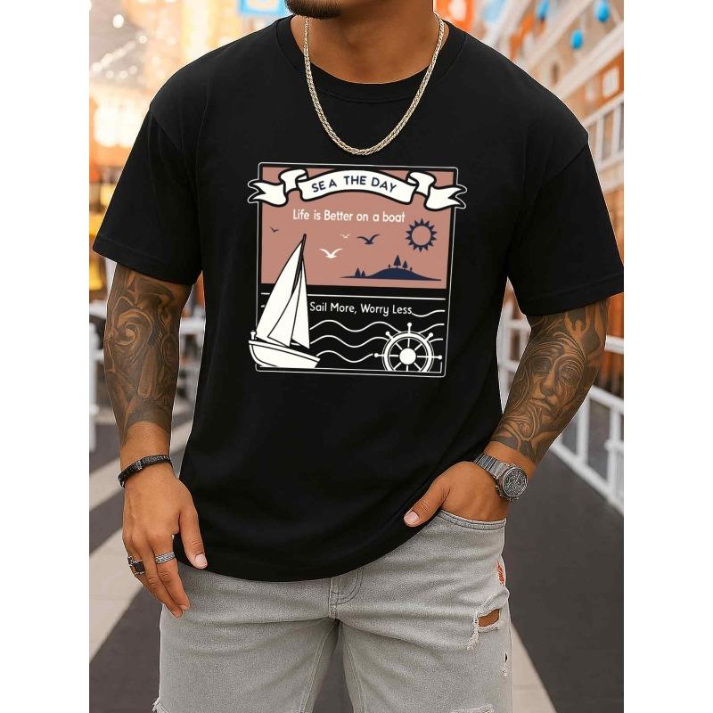 

Мужская морская футболка - Дышащая футболка с коротким рукавом и круглым вырезом, с легкой эластичностью, подходит для летних активностей на свежем воздухе, повседневной носки и катания на лодке S чёрный