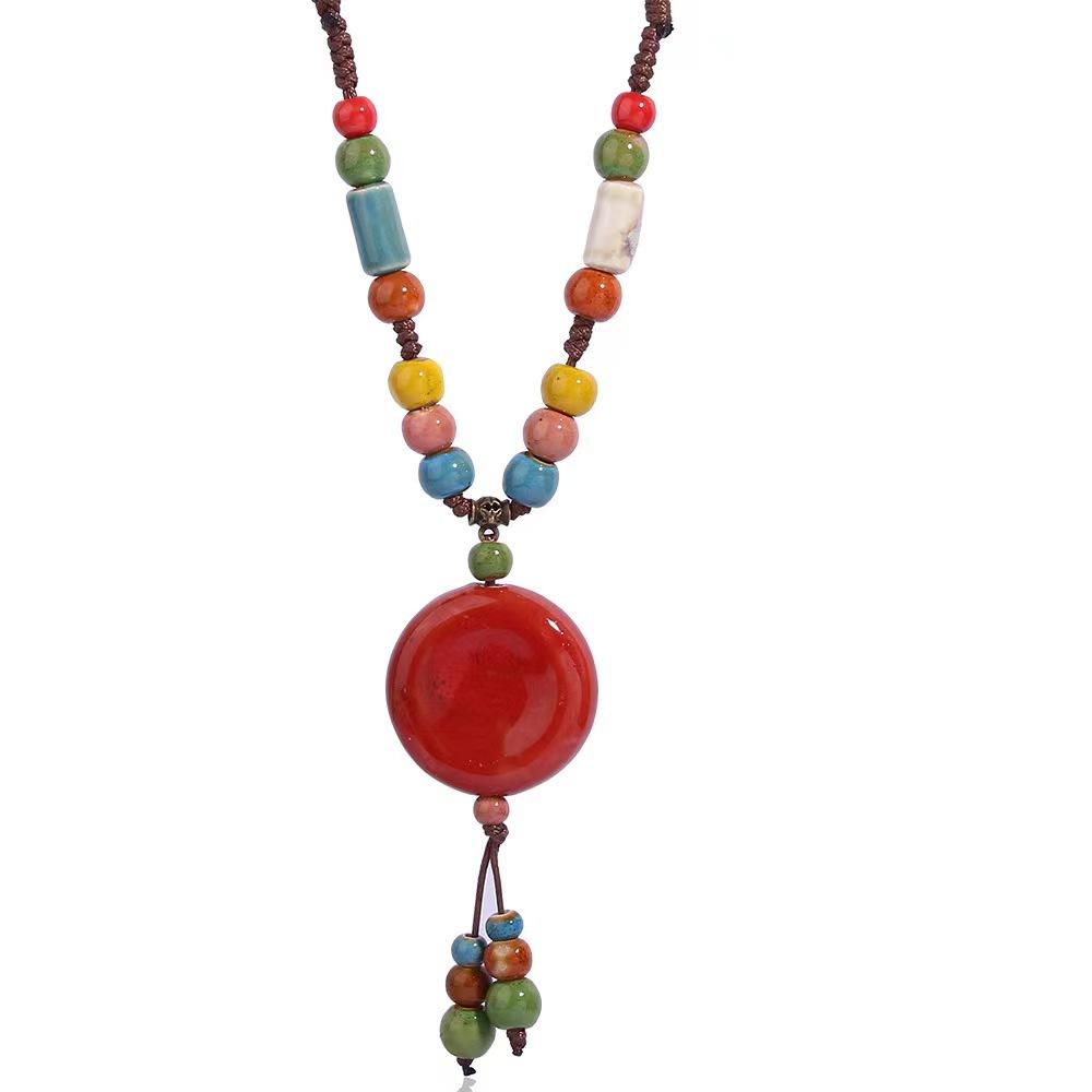 Ethnic Ceramic Beaded Necklace Boho Long Colorful Sweater Chain Vintage Tribal Handmade Statement Jewelry Women Fashion Gypsy Hippie Chic Accessories