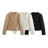 Blazers de Tweed Cropped Femininos Jaquetas Manga Longa Botão Abaixo Casaco Curto
