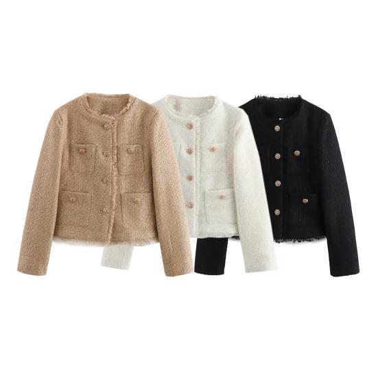Jachete Blazer Tweed Crop pentru Femei Mânecă Lungă cu Nasturi Palton Scurt