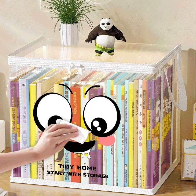 Large Square Storage Box with joyful Face Lid,Black Frame-Heavy-Duty PVC Transparent Organizer Bin,Multi-Purpose Container