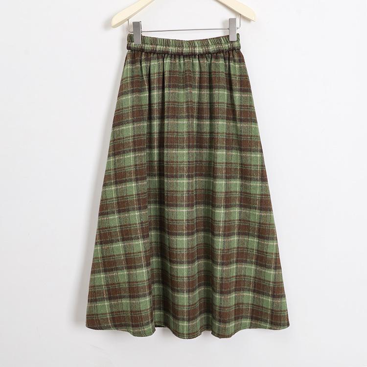 Women's Retro Plaid Wool Blend Midi Skirt - High Waist A-line with Double Pockets for Autumn/Winter
