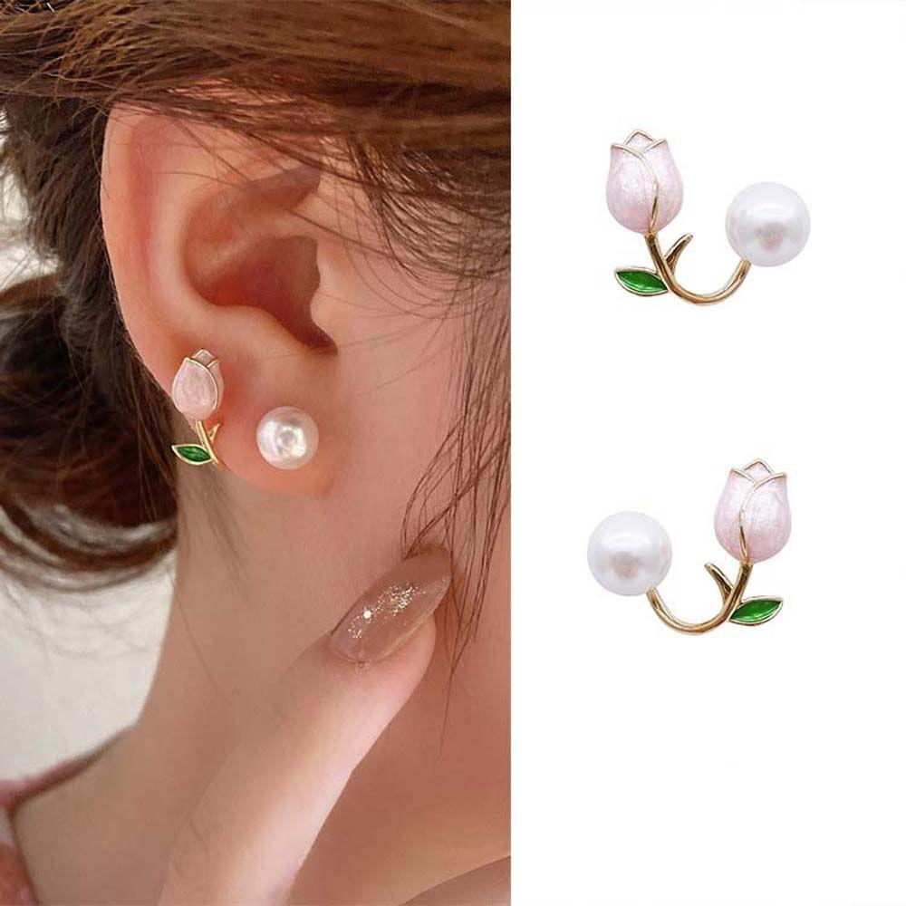 Girls Gift Wedding Party Women Pearl Studs Pearl Ear Hook Tulip Earrings Flower Ear Studs
