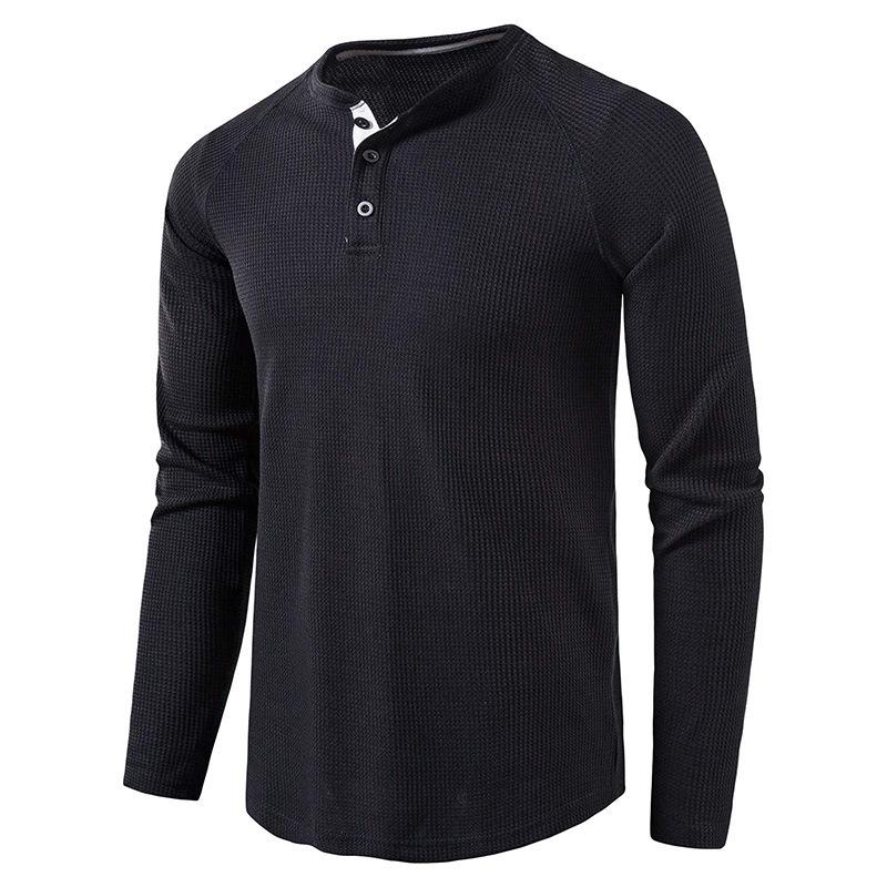 European and American Style Men’s Solid Waffle Henley Shirt Long Sleeve T-shirt Buttoned Round Neck Top