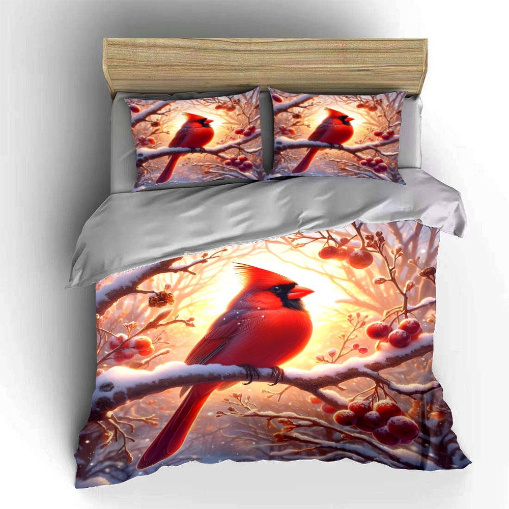 Winter Scenery with Cardinal Trio Kid's and Adults' Bedroom Decor, Exquisite Three-piece Bedding Set Gift