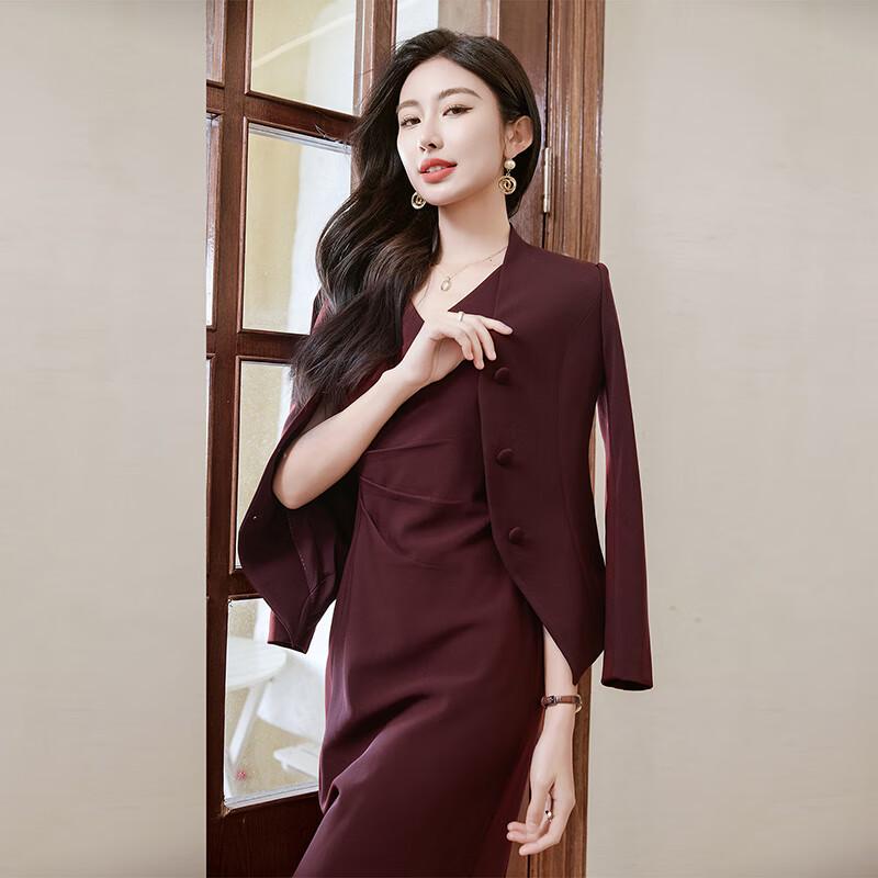 Treluoman Women's Wine Red Suit & Vest Dress Two-Piece Set