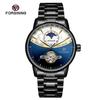 Forsining Automatic Watch Men's Blue Moon Phase Tourbillon Mechanical Watches Black Steel Band Waterproof Clock