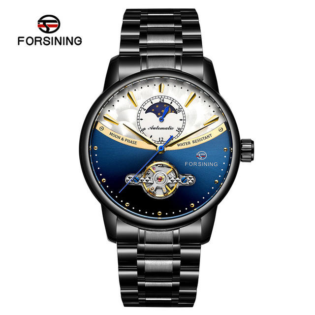 Forsining Automatic Watch Men's Blue Moon Phase Tourbillon Mechanical Watches Black Steel Band Waterproof Clock