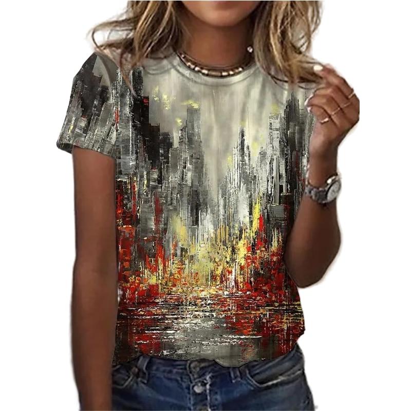New Fashion Short-sleeved Ladies Oil Painting 3D Floral Print T-shirt Summer Round Neck Casual Loose Cute Tops Tee Shirt Femme EMA