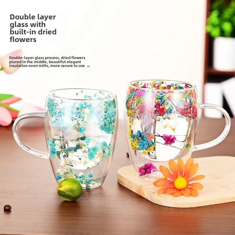 350ML Glastasse Kreativer Doppelwandiger Kaffeebecher Trockenblumen Füllbecher Tee Kaffeetasse mit Henkel Hitzebeständige Tasse Geschenk