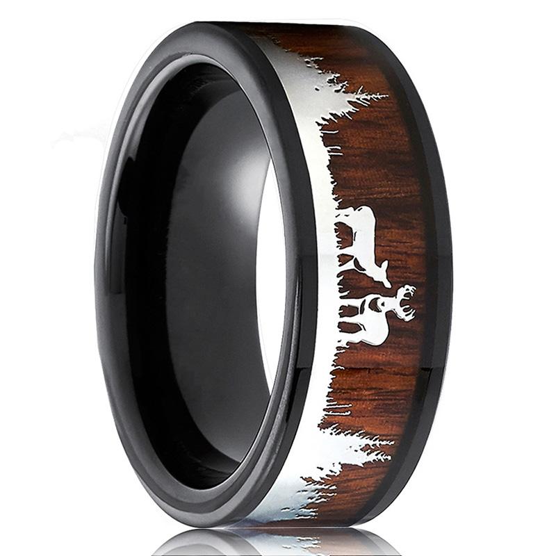 Fashion 8mm Men's Black Stainless Steel Ring Colorful Abalone Shell Inlay Beveled Edged Titanium Ring Men's Wedding Band
