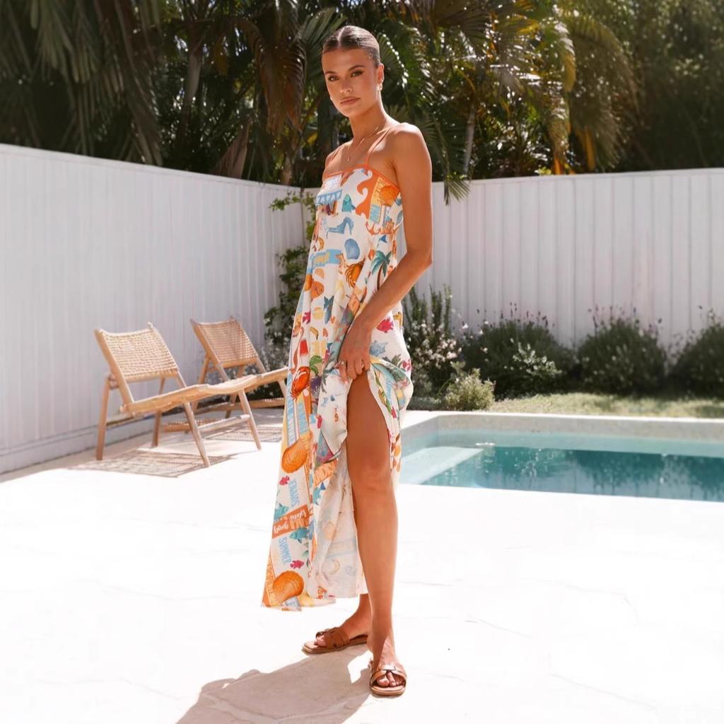 Damen Boho Blumen Strand Sommerkleid Ärmellos Sommer Maxikleid Spaghettiträger Lässig Gesmoktes Fließendes A-Linien-Kleid Party Lange Kleider für Damen