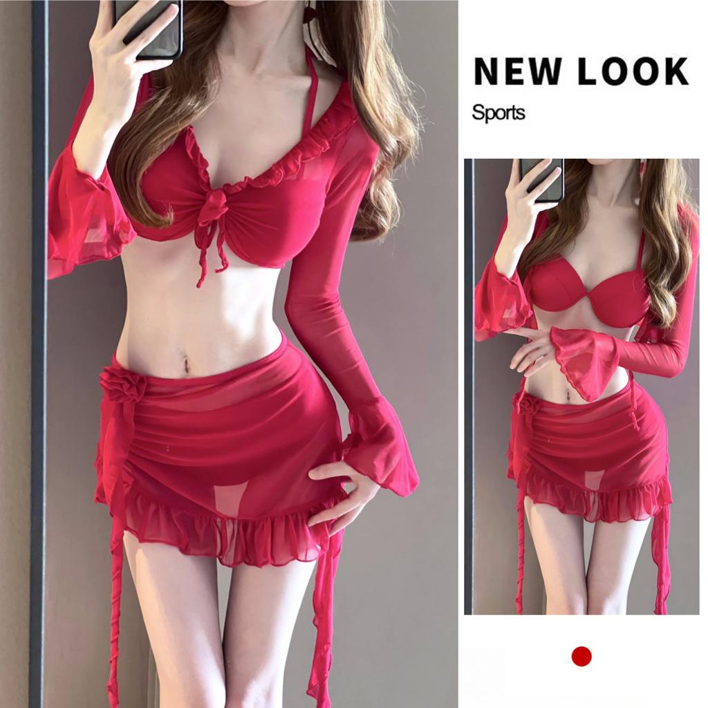 Bikini swimsuit women's split four-piece set solid color fashionable sexy steel tray gathers sweet and spicy girl swimsuit