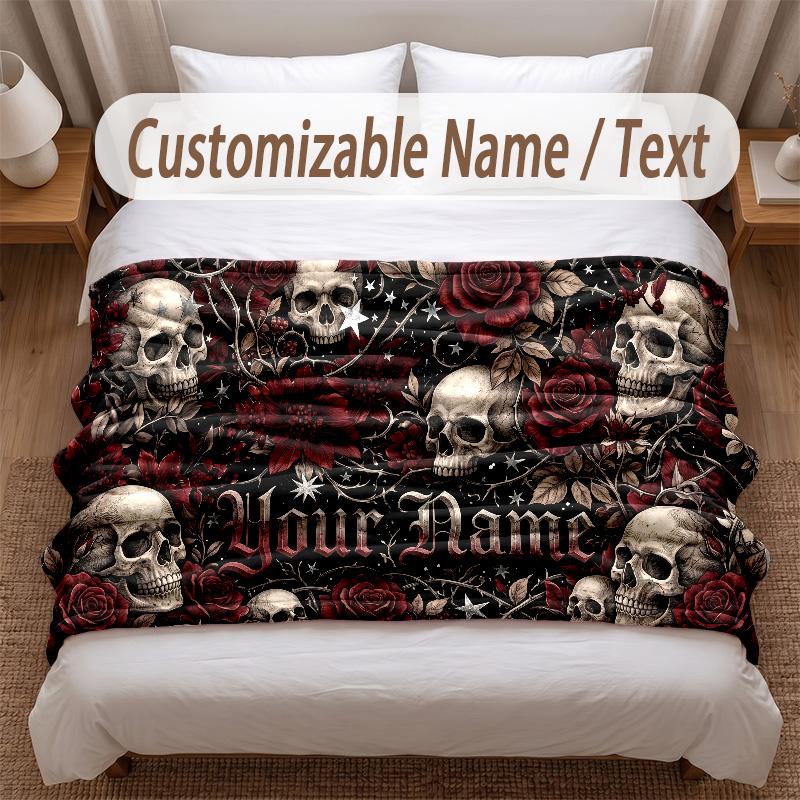 Skull Gothic Theme Soft Blanket Personalized Custom Name Text Print Warm Blanket Home Sofa Bedroom Decor