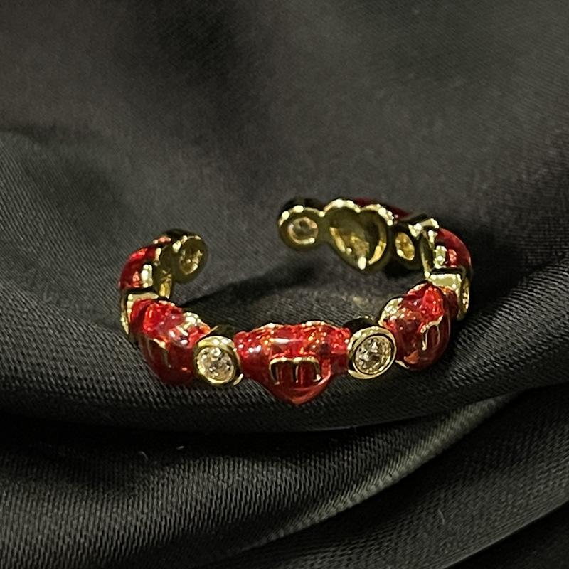 Retro Red Drip Glaze Love Open Ring Women'S Niche Light Luxury Personality High-End Sweet Cool Ring