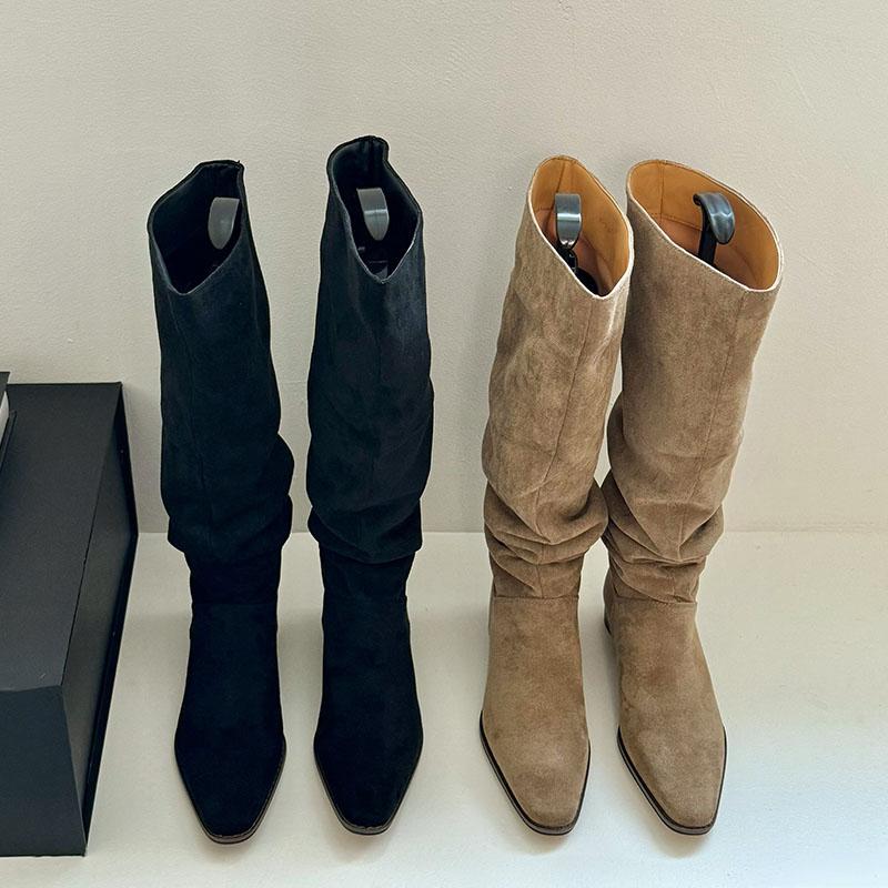 Fashion Fashion Flock Pleated Women Knee High Boots Low Heel Shoes Pointed Toe Modern Ladies Long Boots Female Pumps Shoes