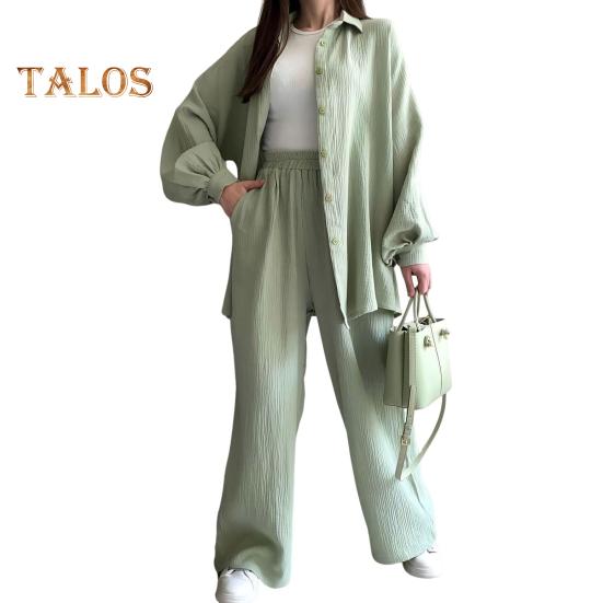2 Pcs/Set Women Shirt Pants Set Turn-down Collar Single-breasted Long Sleeves Loose Top Elastic Waist Wide Leg Trousers Sport Tracksuit