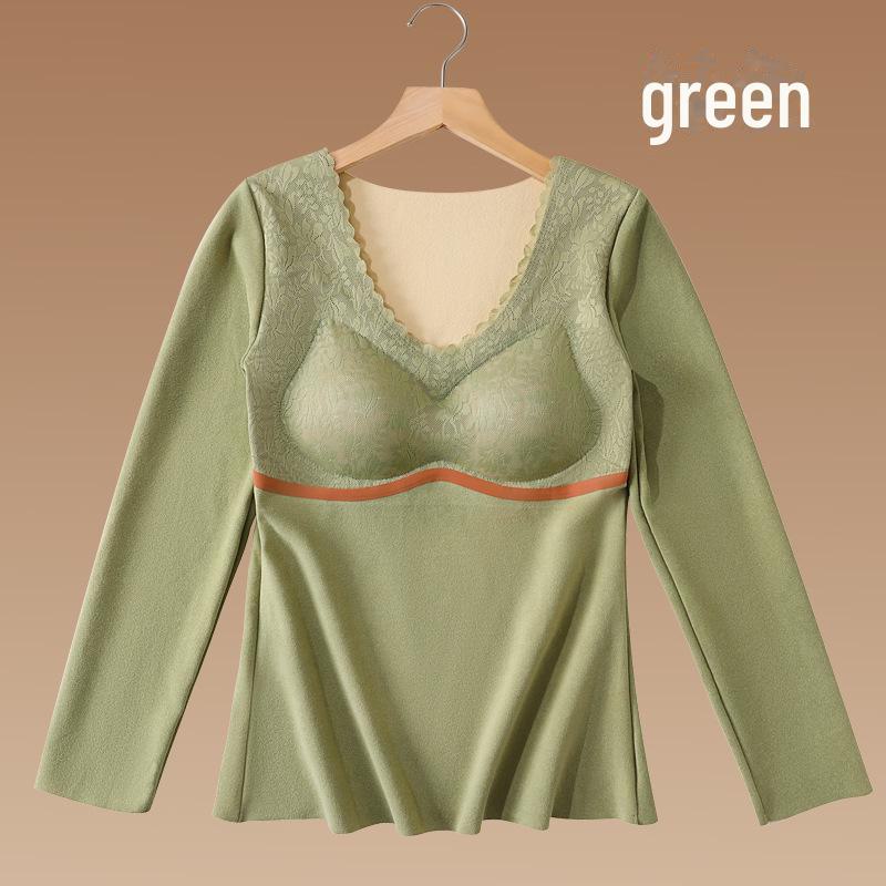 Damen Thermo-Oberteil langärmlig: Deutscher Samt, Spitze, Doppelseitig, Nahtlos mit eingebautem Brustpolster für den Herbst