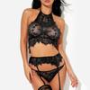 3Pcs Sexy Women See Through Floral Lace Babydoll Bra Briefs Garter Underwear Set