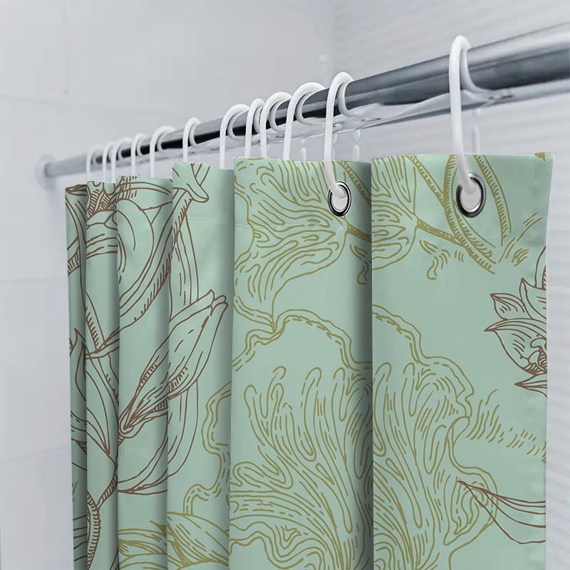 Modern Flower Shower Curtain, Waterproof Fabric Decorative Bathroom Curtains For Home Decoration Aqua Green With Gold Print