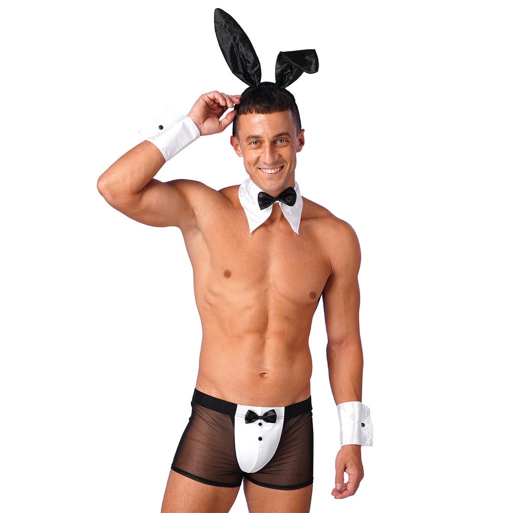 Mens Rabbit Ears See Through Boxer Briefs Underwear Set Halloween Costume