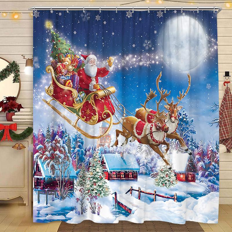 Christmas Shower Curtain Santa Claus Christmas Tree Cat Dog Winter Snowy Snowflake Home Polyester Fabric Bathroom Decor Curtains