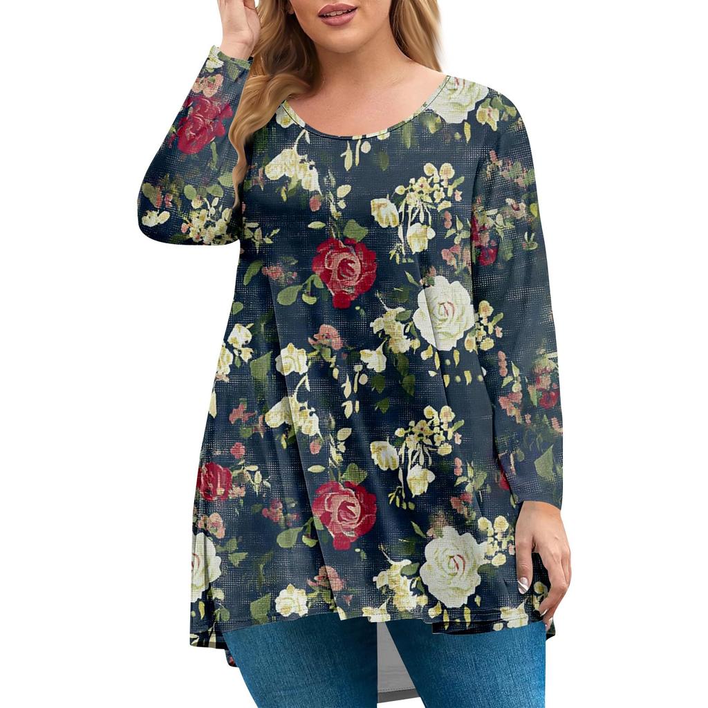 Women's Plus Size Top, Garden Collar Long Sleeved Shirt, Fashionable Floral Print Casual Top