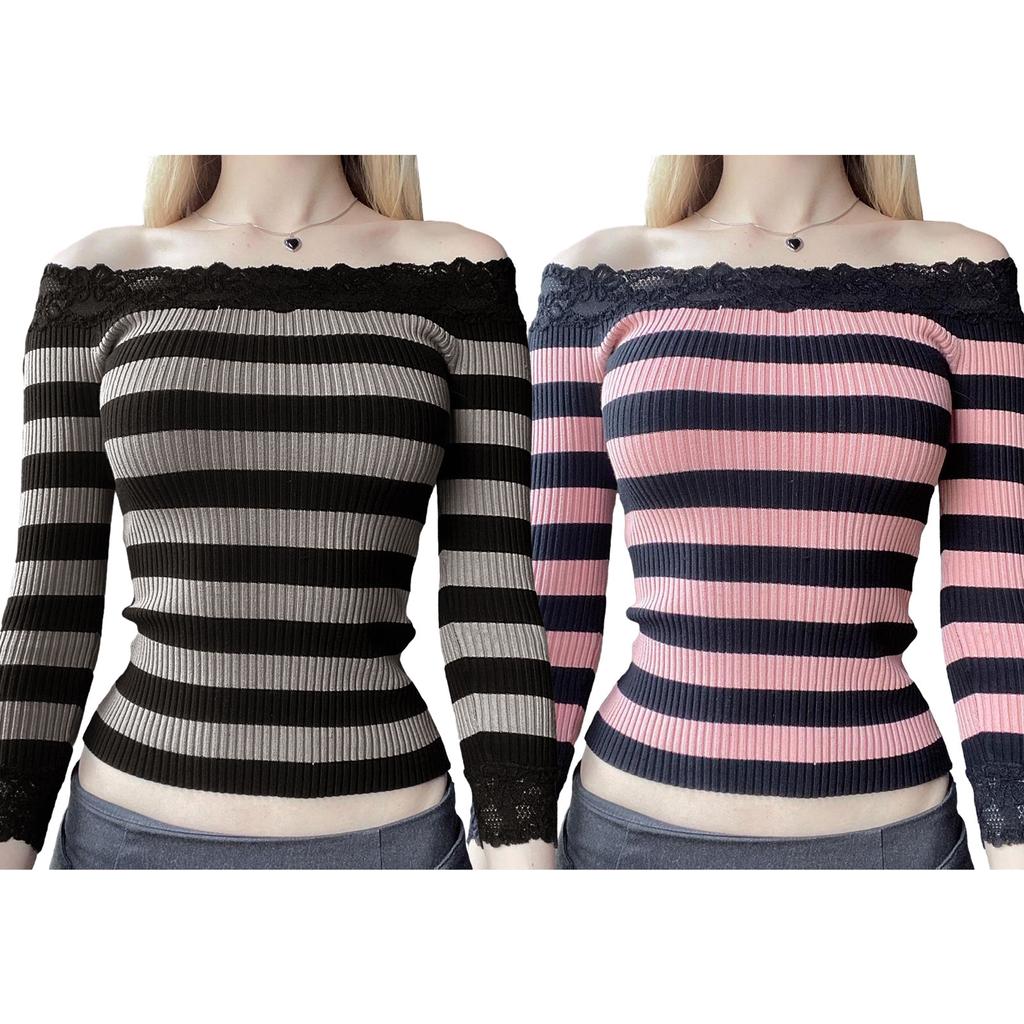 Women Long Sleeve Shirt Striped Off-Shoulder Tops Casual Pullover for Fall Club Streetwear Aesthetic Clothes