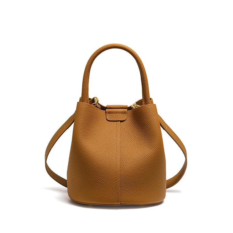 Genuine cowhide lychee pattern women's handbag with single shoulder strap, large capacity, mother-child bag, bucket bag