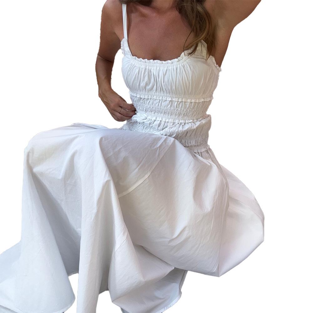 White suspender dress European and American summer new pleated long dress pure cotton dress women