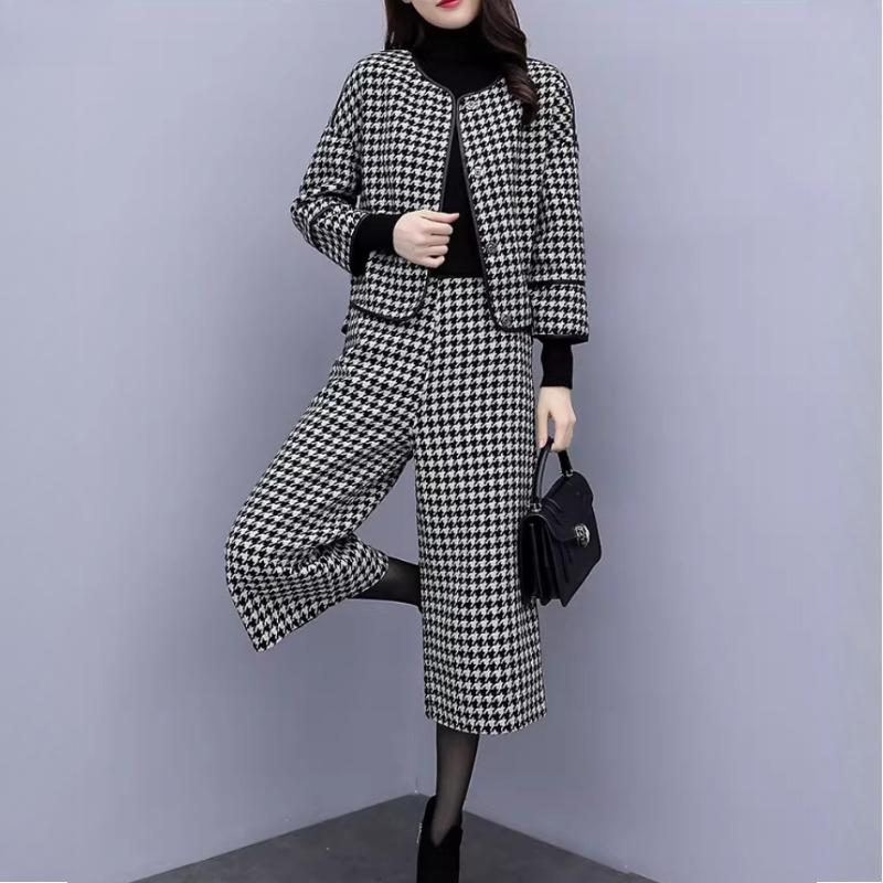 

Женский осенне-зимний костюм-двойка, брюки, клетчатое шерстяное пальто, широкие брюки, повседневный и модный женский комплект XL