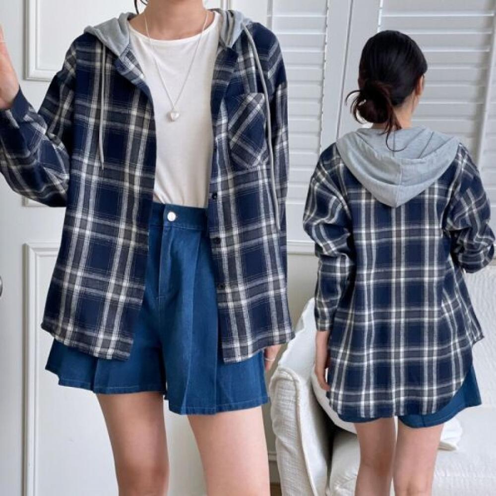 From Heart Women Loose Fit Check Hooded Oversized Shirt