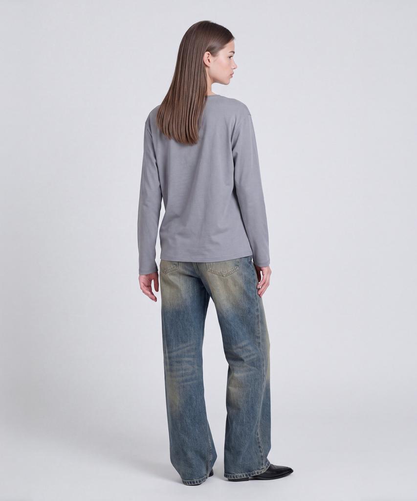 BASIC HOUSE Women'S Flowy Spandex U-Neck Oversized Long-Sleeve T-Shirt Dark Gray