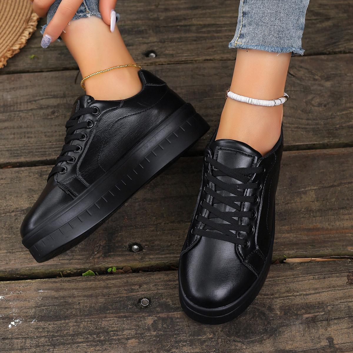 

модные женские туфли на платформе из кожи модные однотонные кроссовки на толстом каблуке повседневные плоские спортивные туфли дизайнерская обувь Zapatillas Mujer 42 чёрный