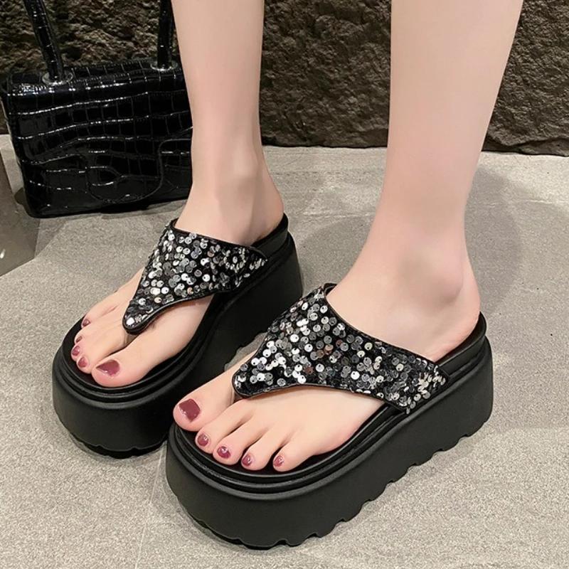 Fashion New 8 Cm Waterproof Platform Bling Designer Brand Flip-flops Women Summer Sexy Clip Toe Platform Sandals Comfortable Beach Shoes