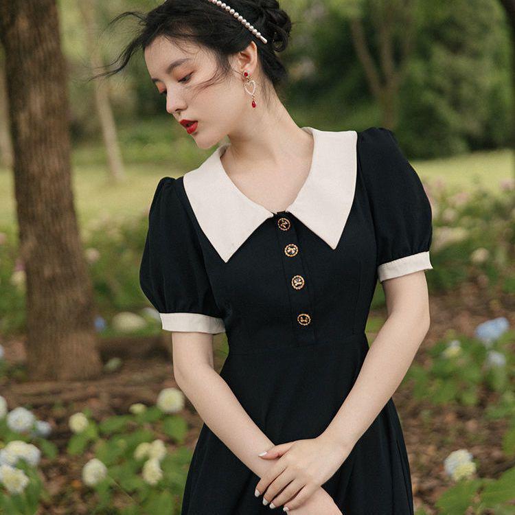 Elegant French Retro Black Tea Dress - Women s Summer Hepburn Style, Waist-Cinching, Long and Sexy S