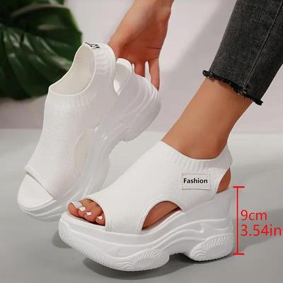 Sandálias Casuais de Cor Sólida para Mulheres, Plataforma Elástica Sola Macia Tricotadas Sapatos de Caminhada, Sapatos de Cunha para Aumentar a Altura para Férias