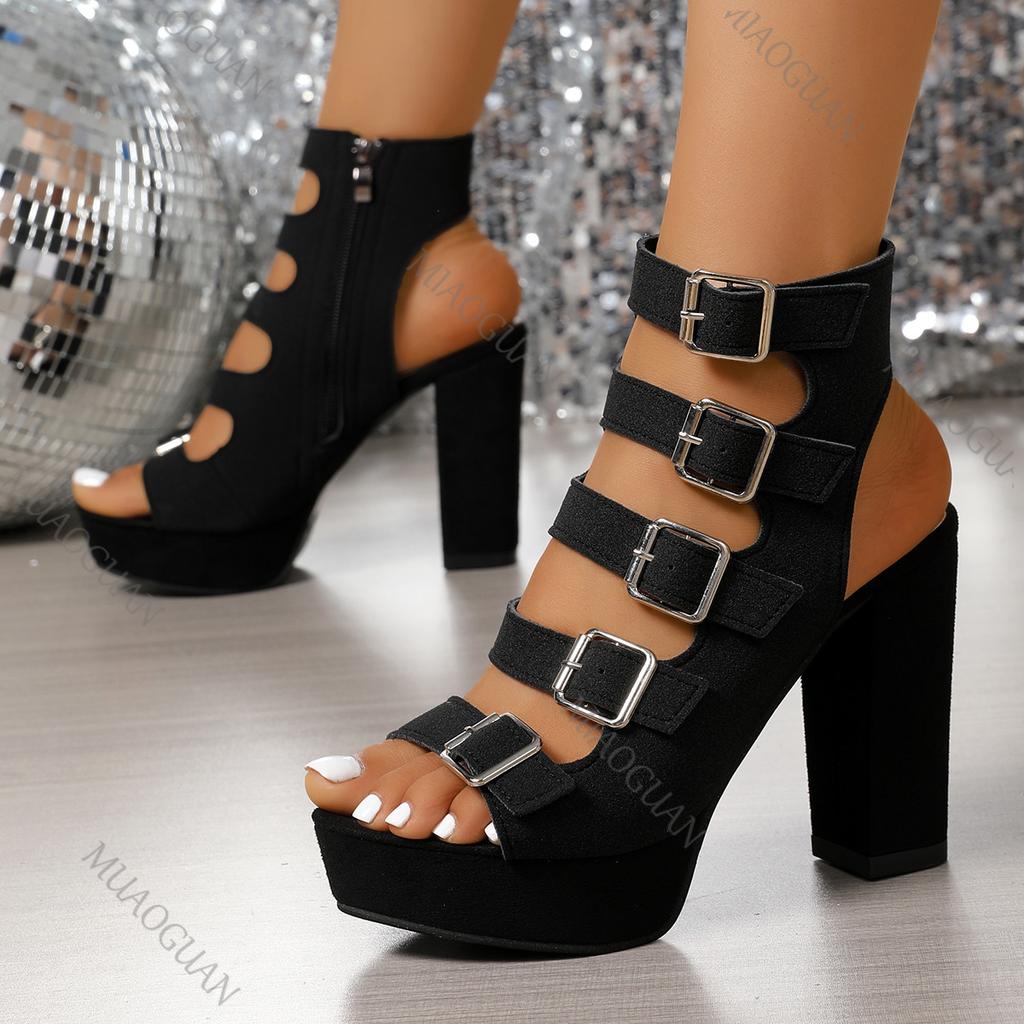 Fashion Summer Hollow Belt Buckle High-heeled Sandals Women Shoes Black Platorm Gladiator 11cm Thikc Heeled Zip Roman Sandales Femmes