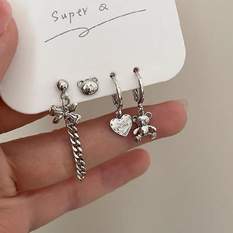 Heart-shape Drop Dangle Earrings Aesthetic Metal Ear Buckles Cherry Zircon Bear Rabbit Tassel Earring Asymmetry Jewelry