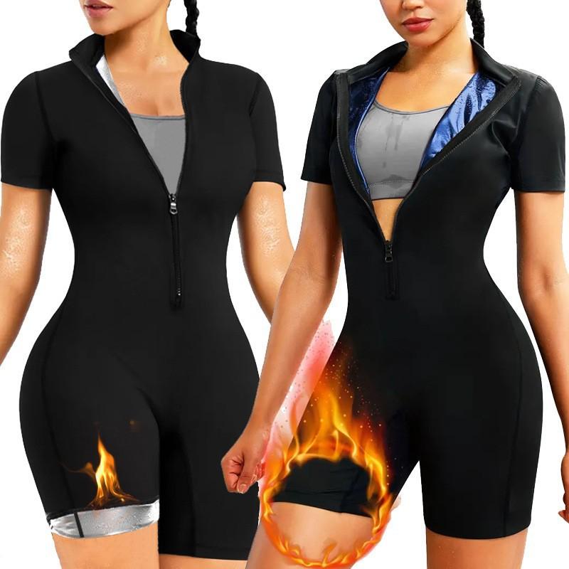 Hot-Selling High-End Cross-Border Sweat-Inducing Breathable Women's V-neck Polyester Shapewear Bodysuit Short Sleeve Sauna Suits