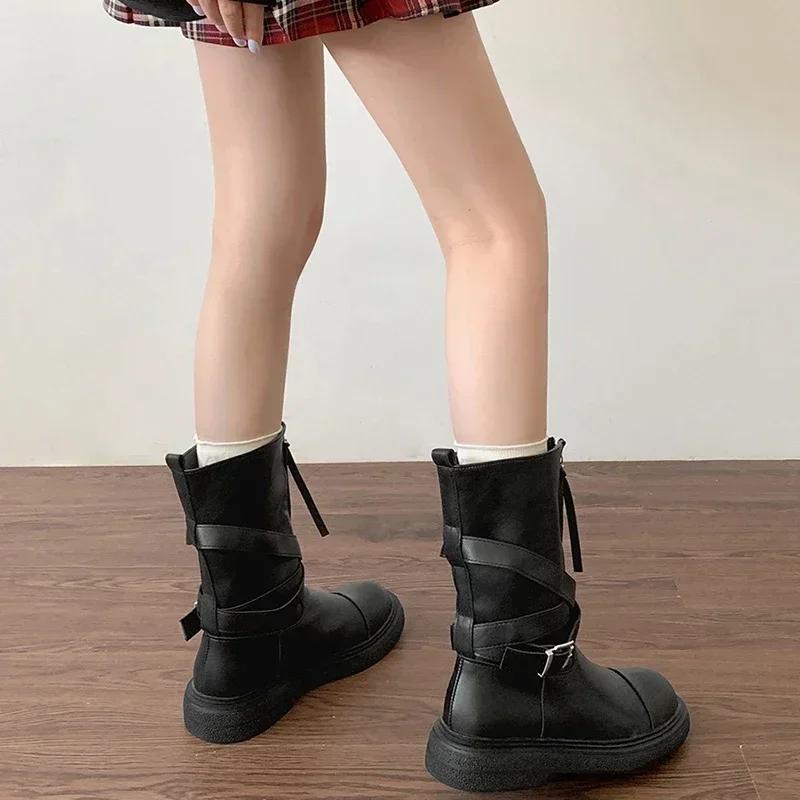 Pleated Buckle Knight Boots for Women Autumn Brown PU Leather Mid Calf Boots Woman Slip-On Thick Heel Riding Botas Mujer 2025