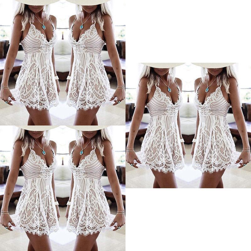 Elegante Les Femmes Pizzo Vestito Mini Vestito Da Sera Estivo Club Spiaggia Bal Senza Maniche