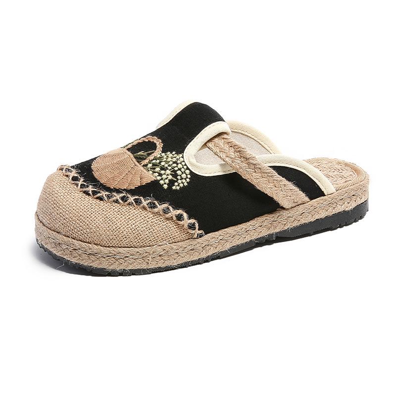 2025 Ethnic Women's Embroidered Outdoor Flat Slippers with Linen Midsole
