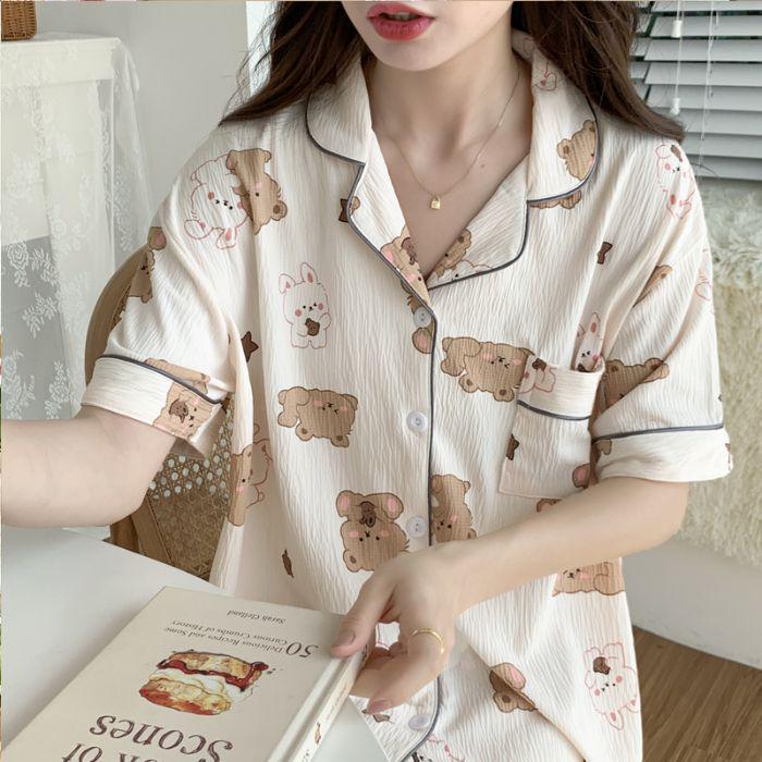 Women's Cute Cartoon Pajama Set - Short Sleeve & Long Pants, Comfortable Summer Home Wear