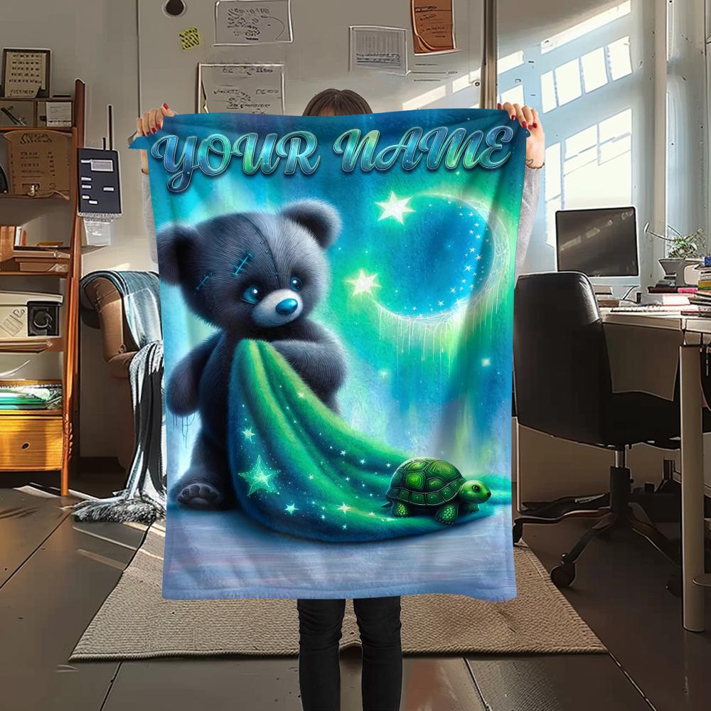 1PC Custom Name Forest Bear Heart Patterned Flannel Blanket Suitable For All Seasons for Home Decor Warmth and Comfort Gifts Holiday Present_lx