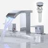 Bathroom 3 Holes LED Waterfall Basin Faucets, 2 Handles Cold Hot Water Mixers Sink Tap RGB Color Change Powered by Water Flow