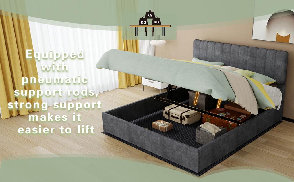 Modern Upholstered Bed with Comfortable Headboard, 160x200 cm, Grey, Multi-Functional Bedroom Furniture, High-Profile Storage Base, Included mattress.