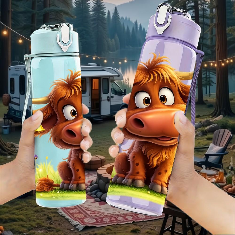 1PC Highland Cow Grass Cartoon Print 750ml Color Plastic Sports Water Bottle Leakproof Flip Straw Lid Suitable for Sports Office Home Use