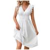 Summer Women V-Neck Beach Dress Flare Sleeve Solid Color Hollow Lace Waist Dress Casual Beach Holiday Dresses