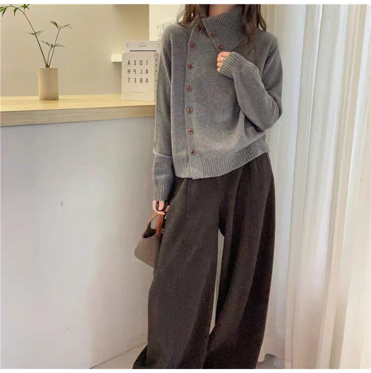 Autumn/Winter Women's 100% Wool High Neck Slanted Button Soft Knit Cardigan - Versatile Long Sleeve Sweater